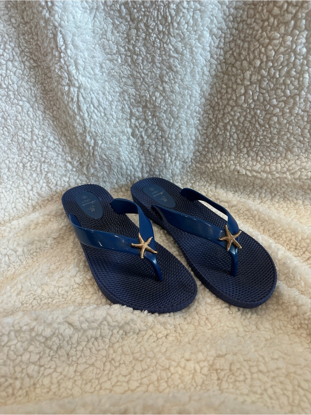 Women’s Navy Flip Flop Sandals with Gold Starfish Accent